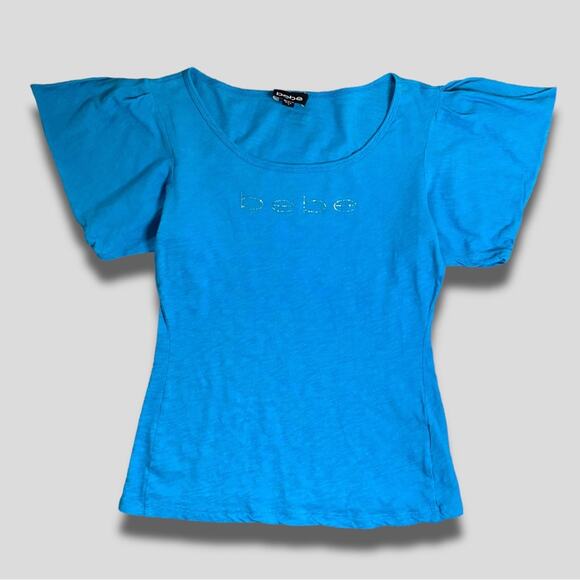 BEBE RARE Y2K FLUTTER COLD SHOULDER RHINESTONE LOGO T-SHIRT BLUE - S - Picture 1 of 8